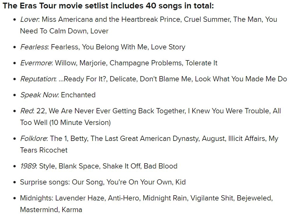 setlist lagu film taylor swift: the eras tour